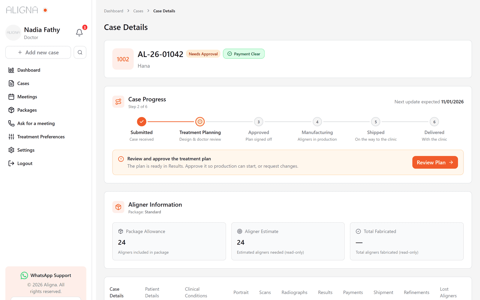 Capture of an Aligna case page: the six-phase progress tracker asking the doctor to review the treatment plan, with sample data.