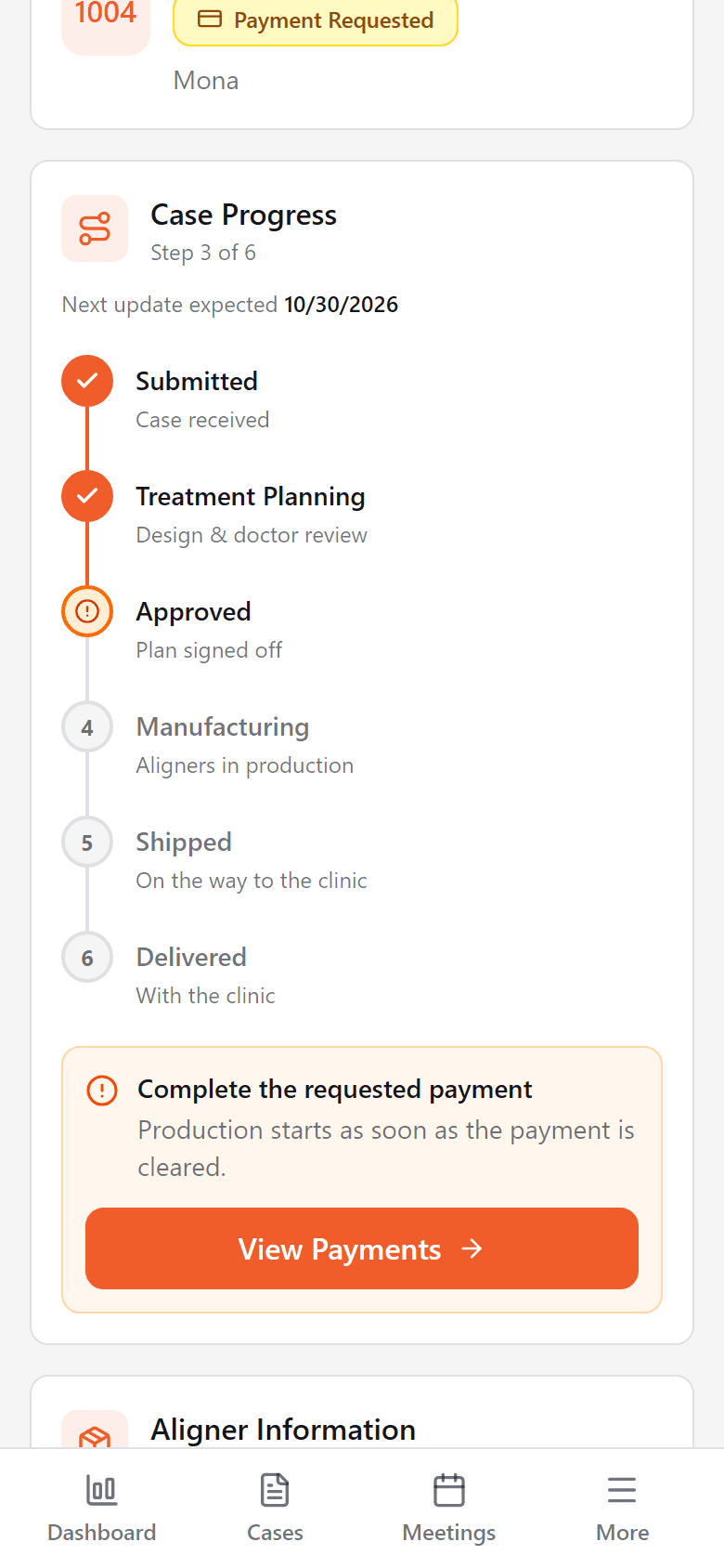 Capture of an Aligna case on a phone: the progress tracker stacked vertically, asking for the requested payment, shown with sample data.