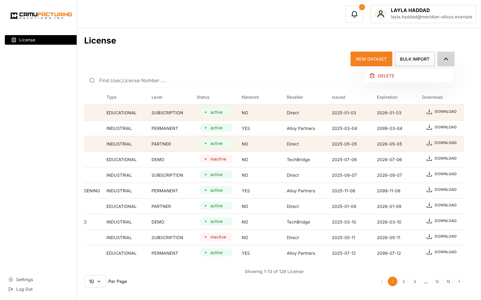 Capture of the Camufacturing dashboard interface: license grid with sample data.