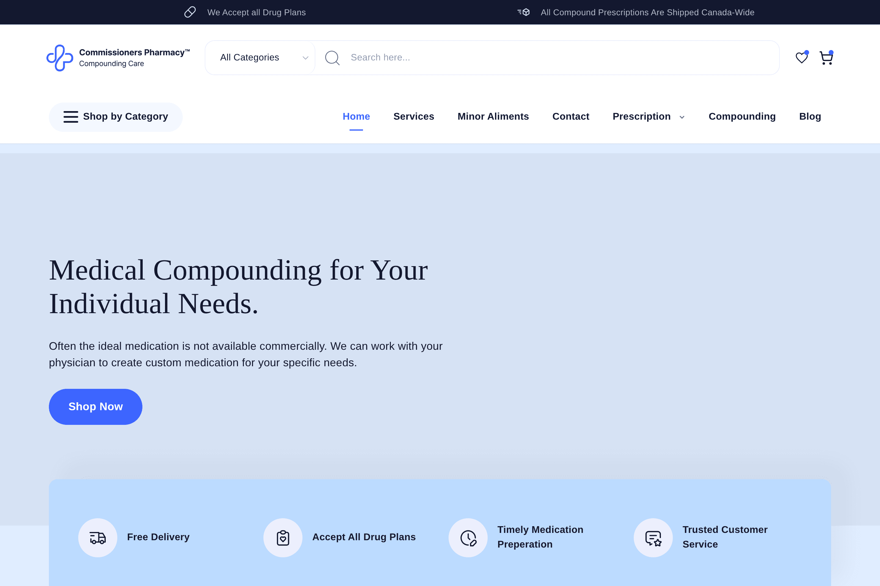 Capture of the Commissioners Pharmacy home page shown with sample data.