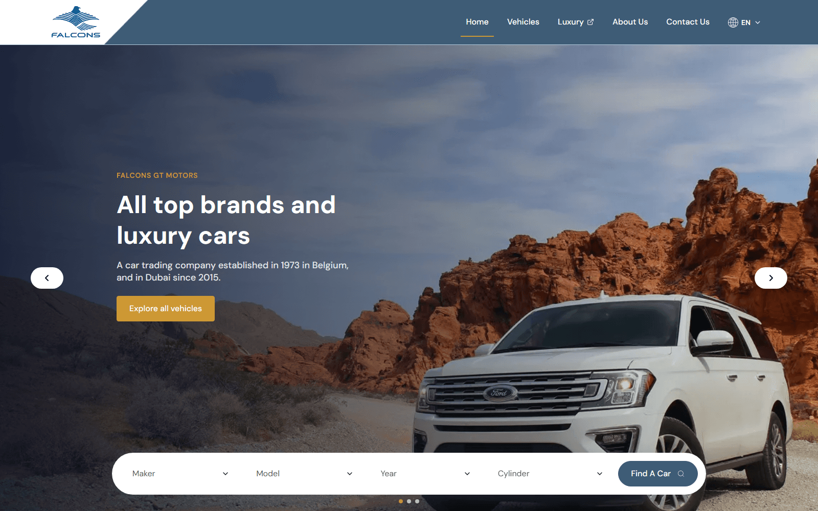 Capture of the Falcons GT Motors home page with the hero slide, the navigation and the vehicle search bar, shown with sample data.