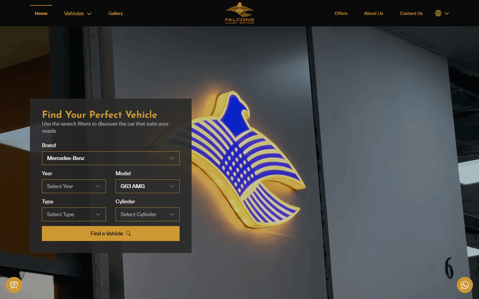 Capture of the Falcons Luxury Motors home page: the search card with Mercedes-Benz and the G63 AMG chosen, over the hero video of the showroom's lit logo.