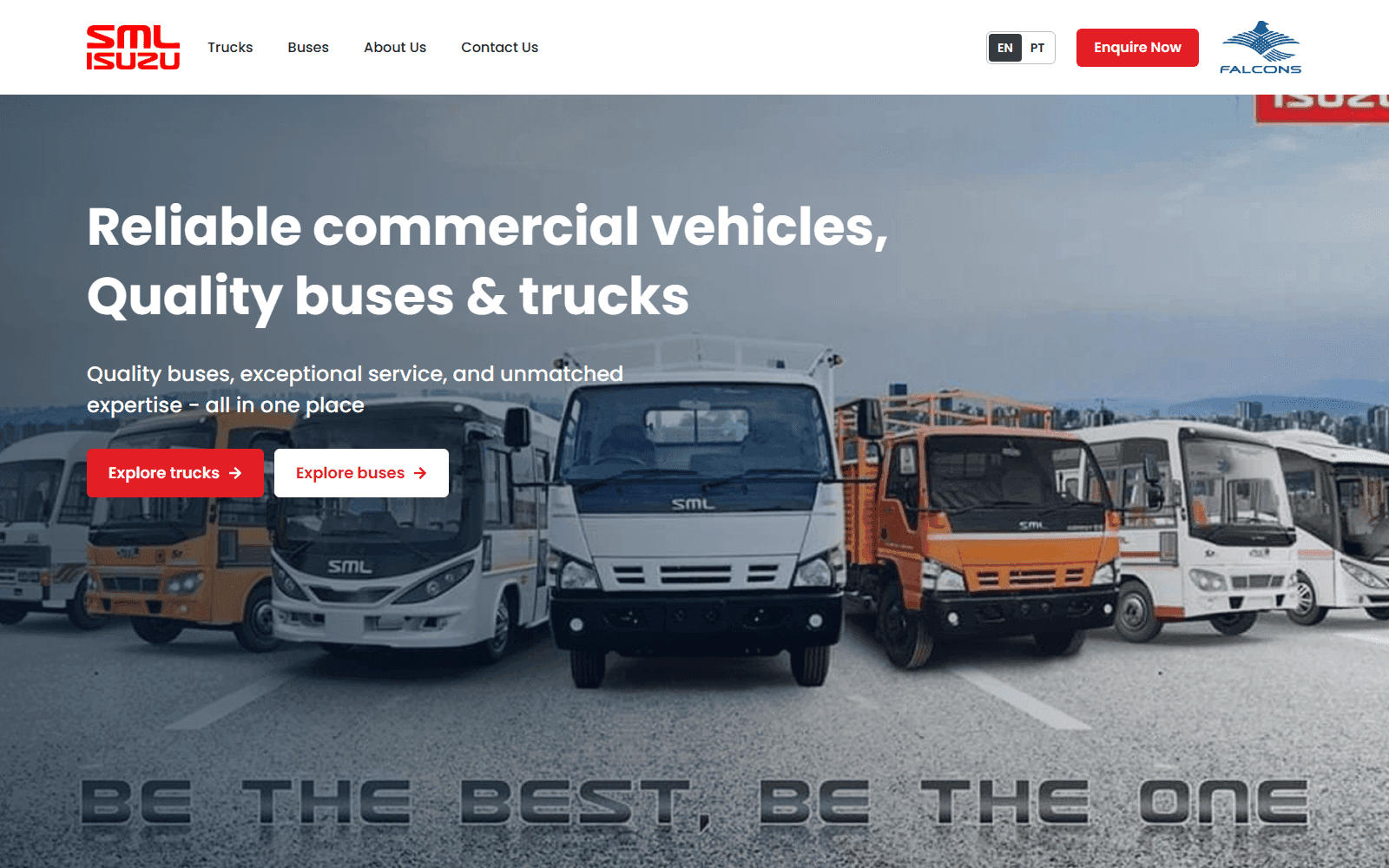 Capture of the FalconsGT SML Isuzu home page with the navigation, the language switch and the hero with links to the trucks and the buses.