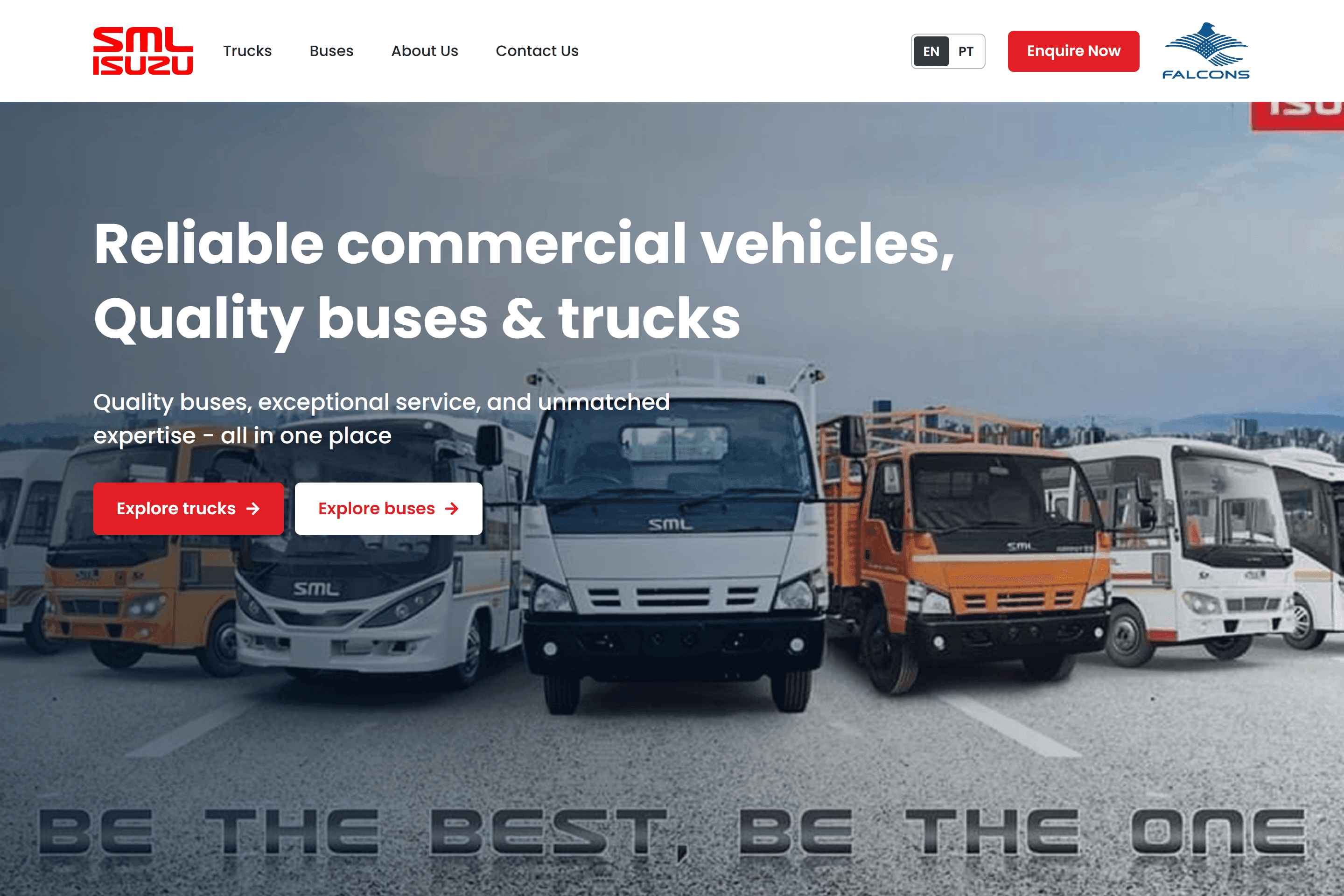Capture of the FalconsGT SML Isuzu home page with the navigation, the language switch and the hero with links to the trucks and the buses.