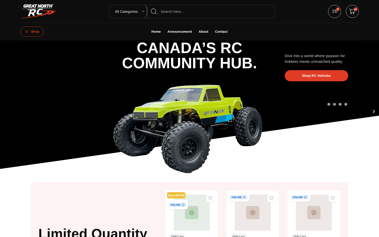 Capture of the Great North RC home page shown with sample data.