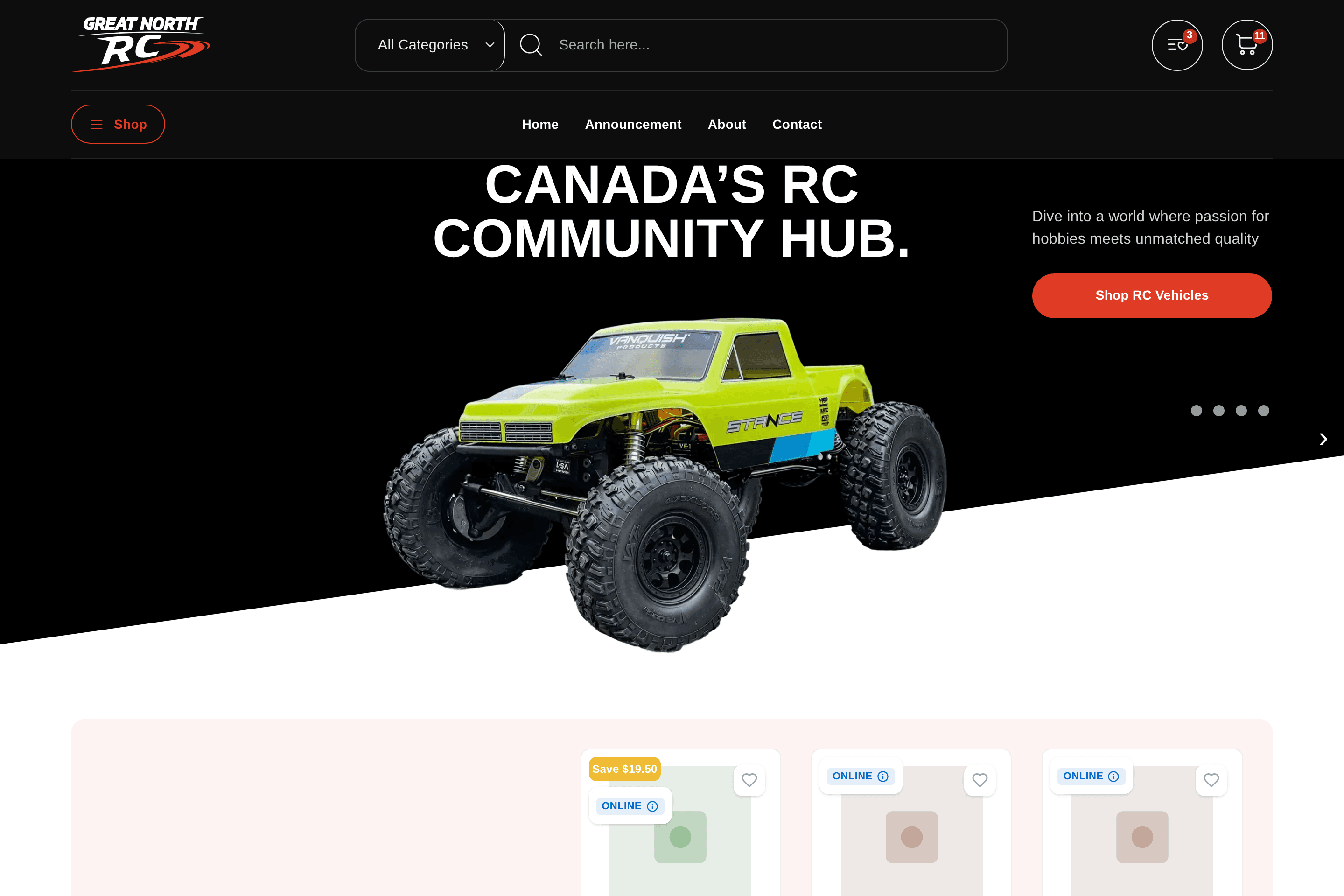 Capture of the Great North RC home page shown with sample data.