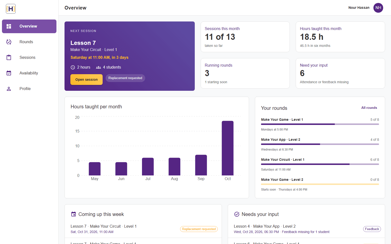 Capture of the Hemex instructor dashboard overview with the next session, this month's sessions and hours, hours taught per month and round progress, shown with sample data.