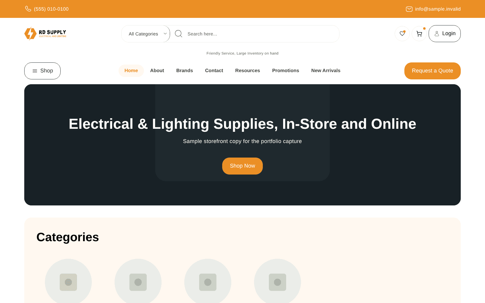Capture of the RD Electrical Supply home page shown with sample data.
