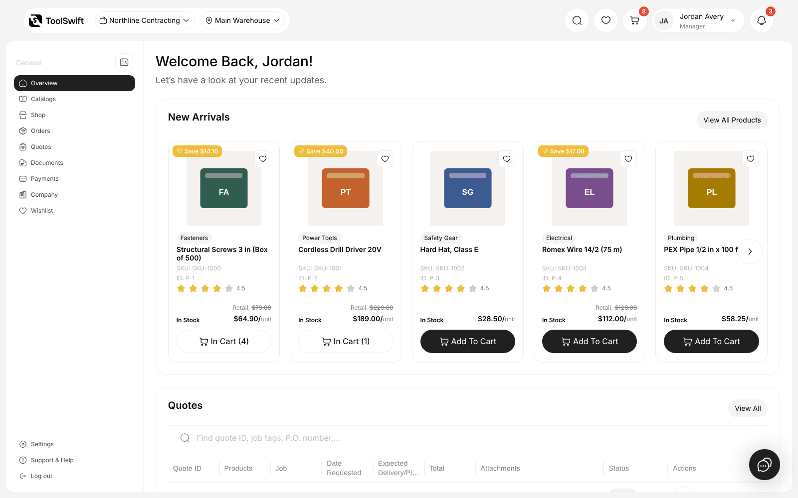 Capture of the ToolSwift customer dashboard interface: overview page with sample data.