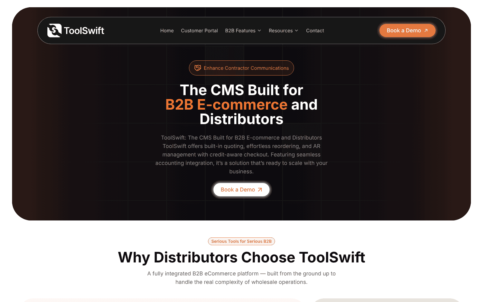 Capture of the ToolSwift marketing site home page shown with sample data.