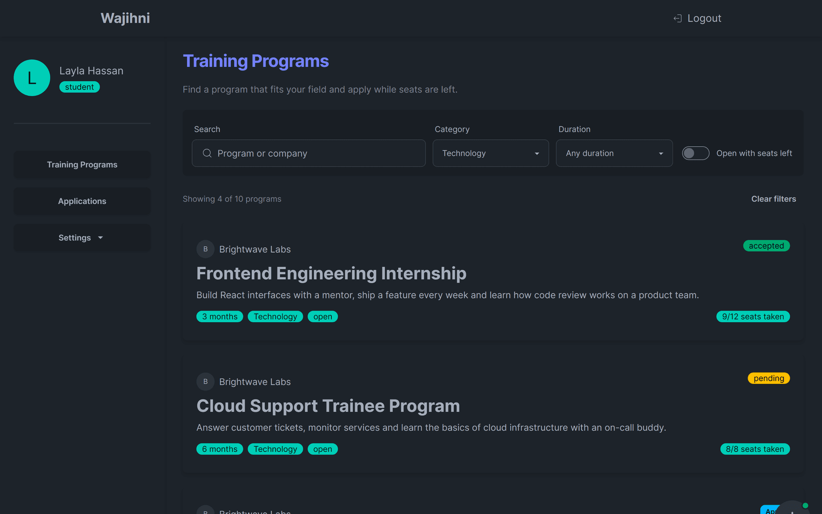 Capture of Wajihni training programs filtered to Technology, with the student's status on each, shown with sample data.