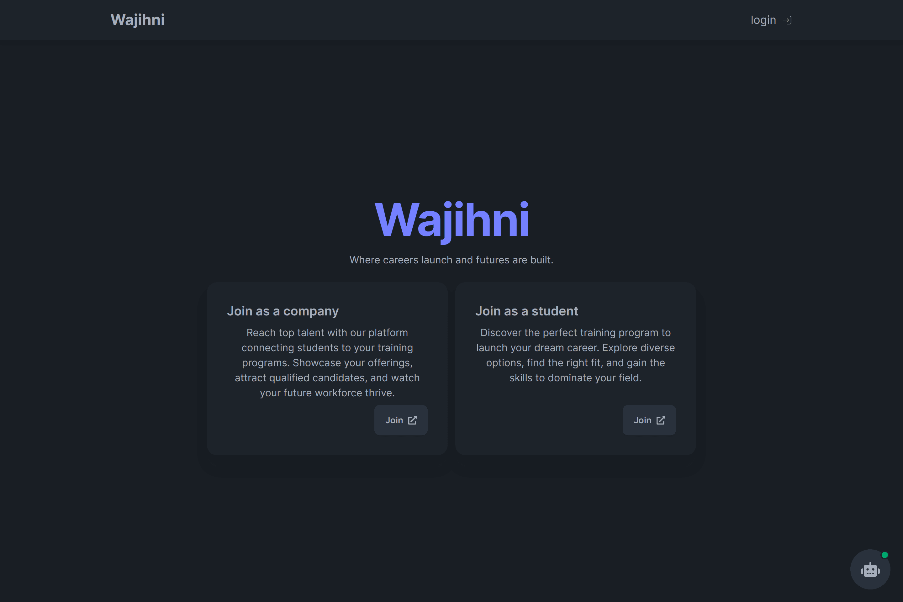 Capture of the Wajihni home page with sign-up cards for companies and students, shown with sample data.