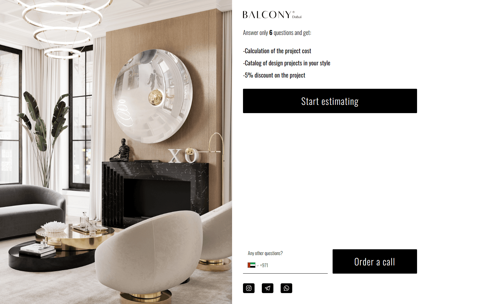 Capture of the Balcon Studio home page with an interior photograph beside the estimate offer and the Start estimating button, shown with sample data.