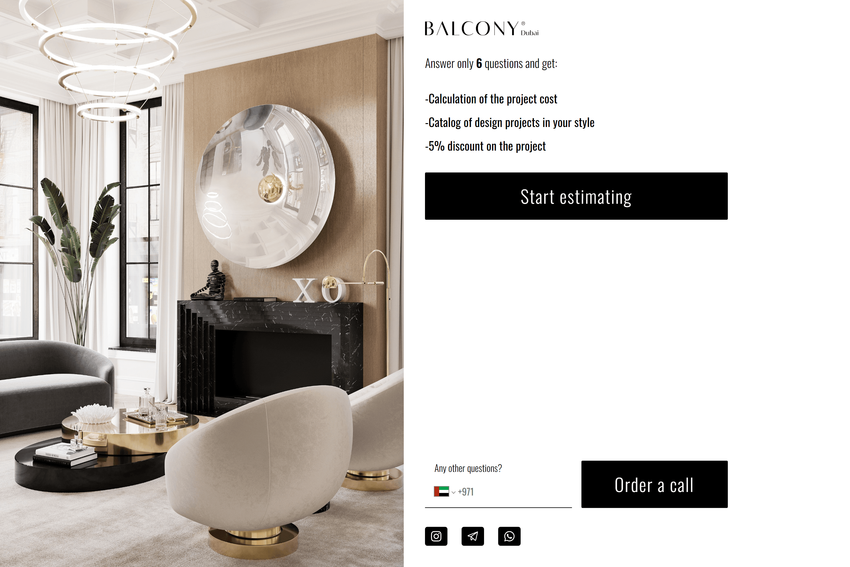 Capture of the Balcon Studio home page with an interior photograph, the estimate offer, Order a call and social links, shown with sample data.