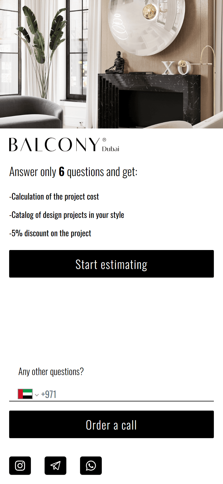 Capture of the Balcon Studio home page on a phone, with the photograph above the estimate offer and Order a call, shown with sample data.