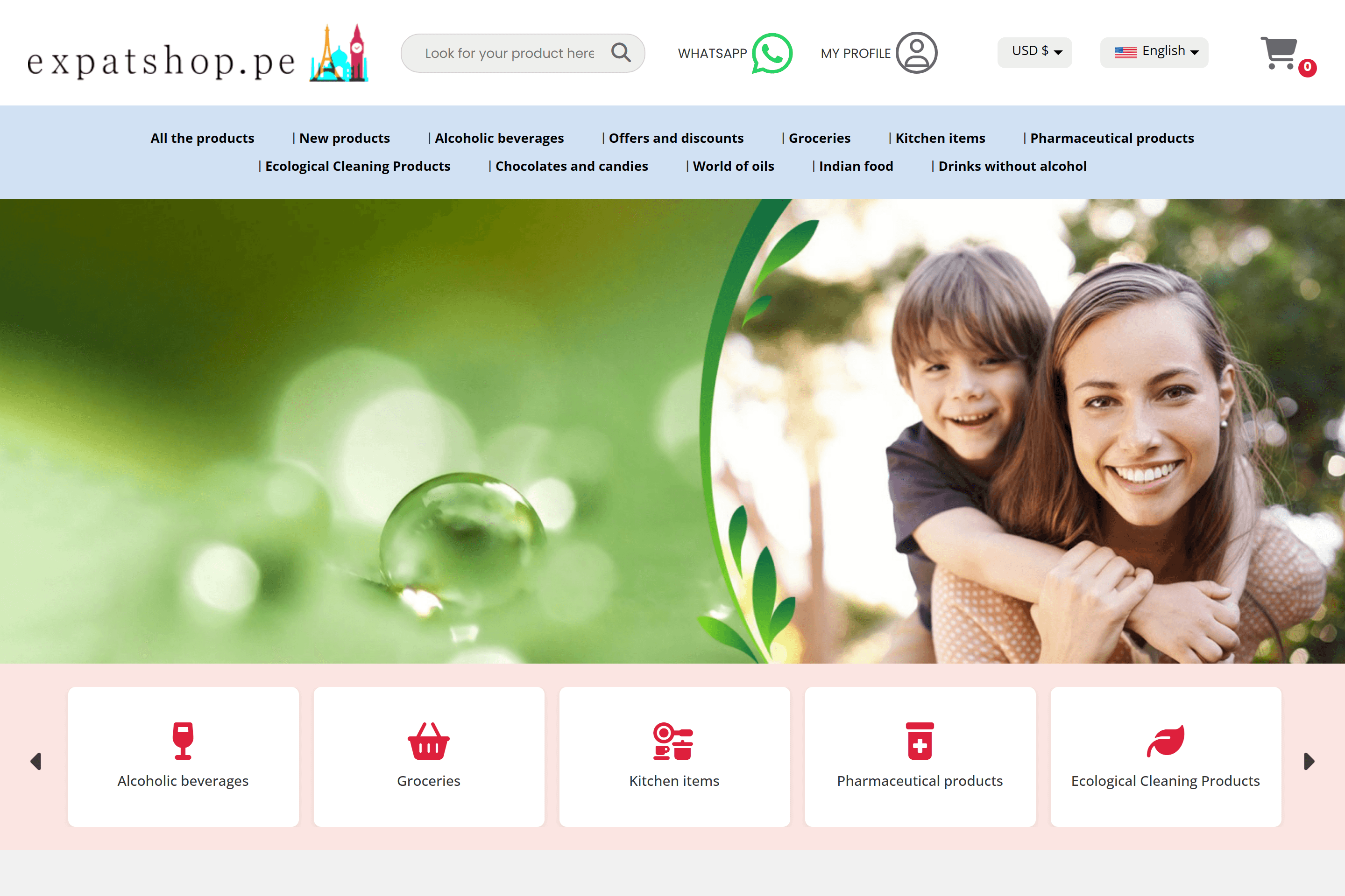 Capture of the Expat Shop home page with the search bar, currency and language switches, category menu and category strip, shown with sample data.
