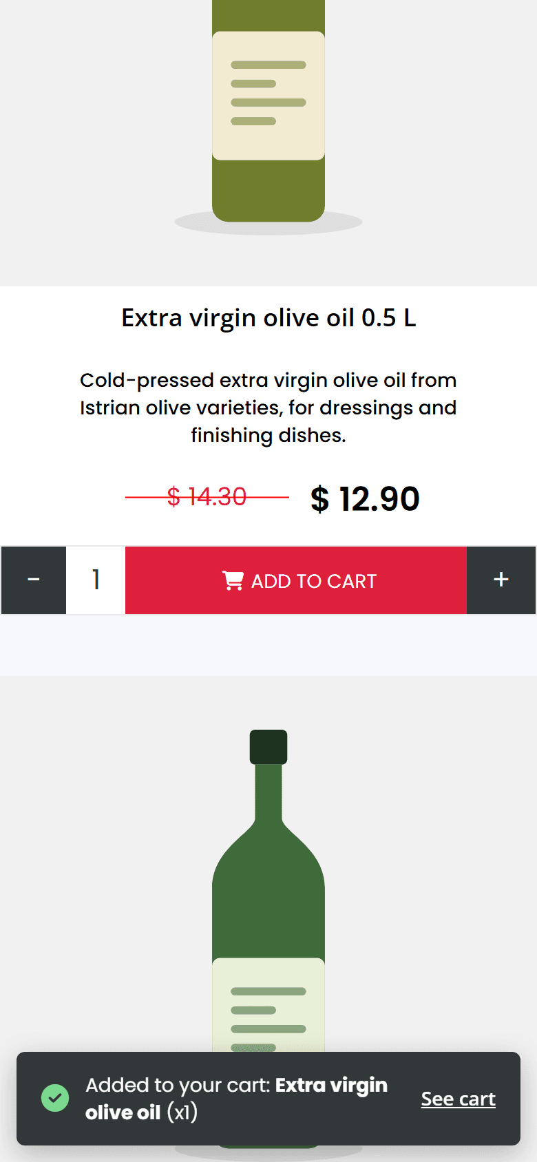 Capture of the Expat Shop oils list on a phone with a product card and an added-to-cart confirmation, shown with sample data.