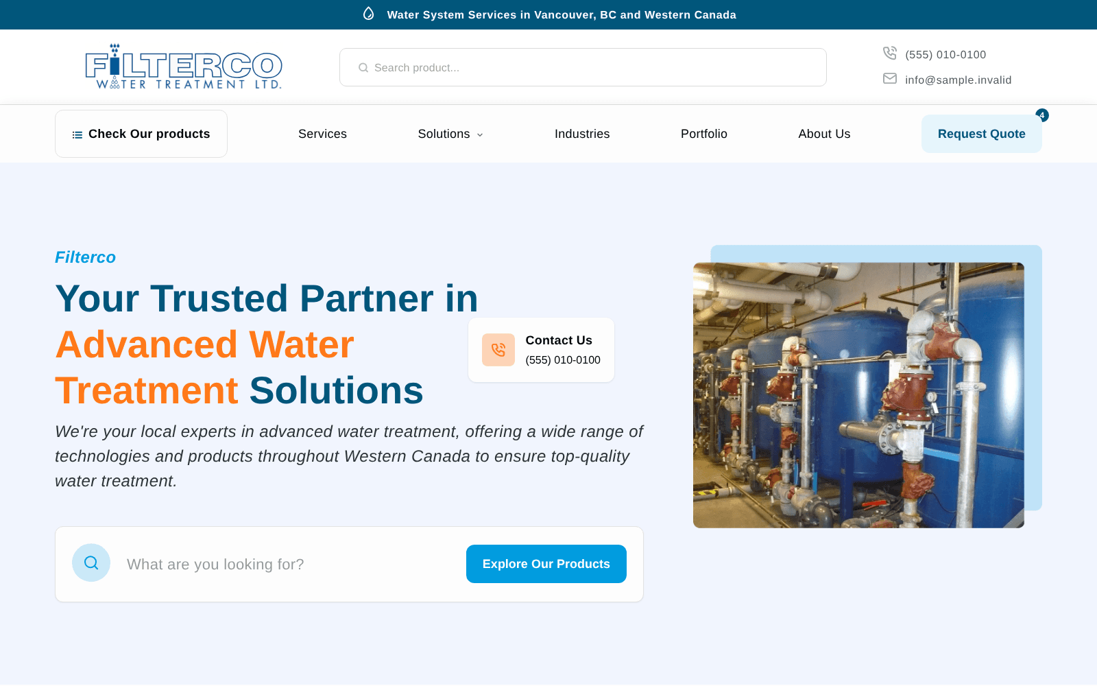 Capture of the Filterco home page shown with sample data.