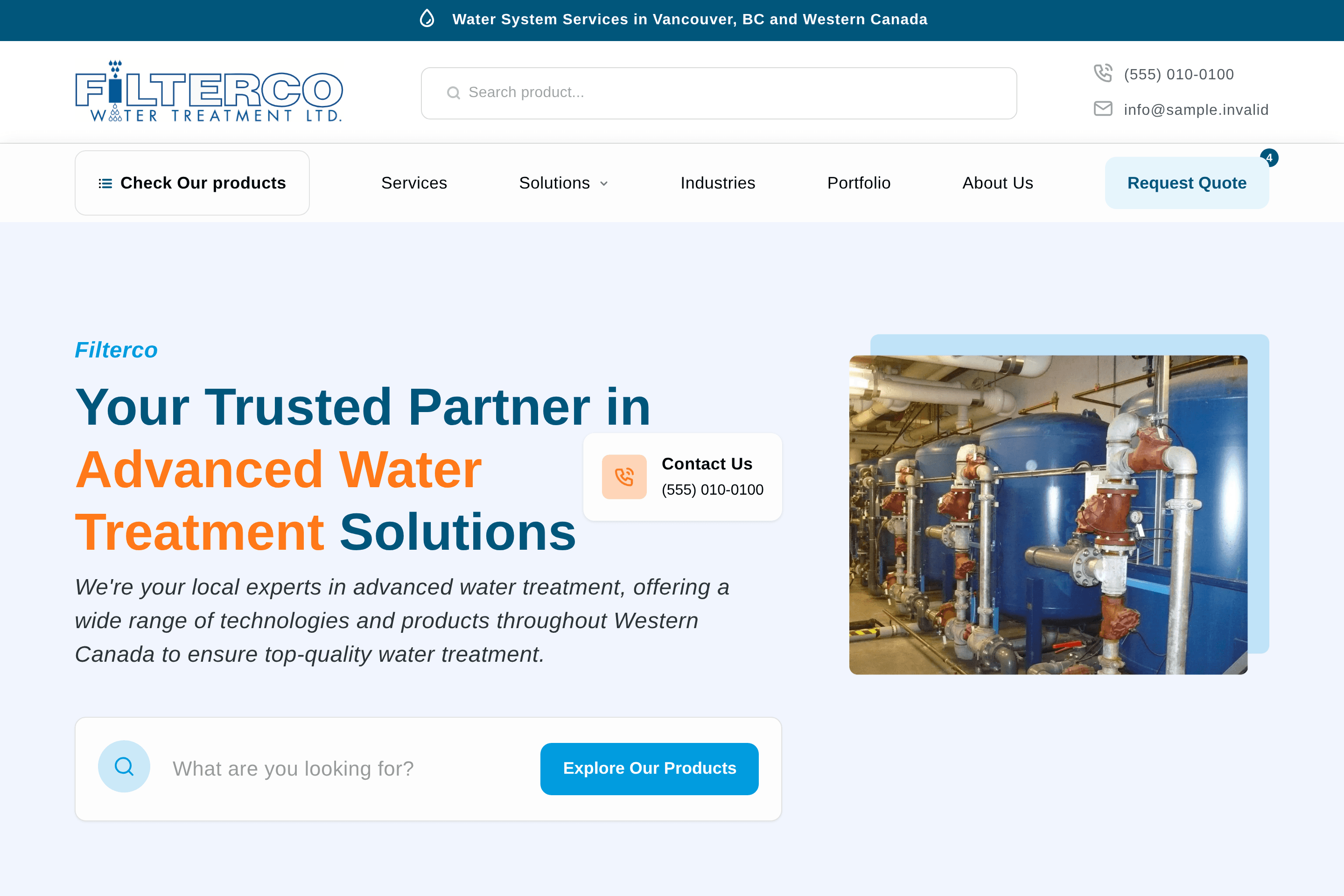 Capture of the Filterco home page shown with sample data.
