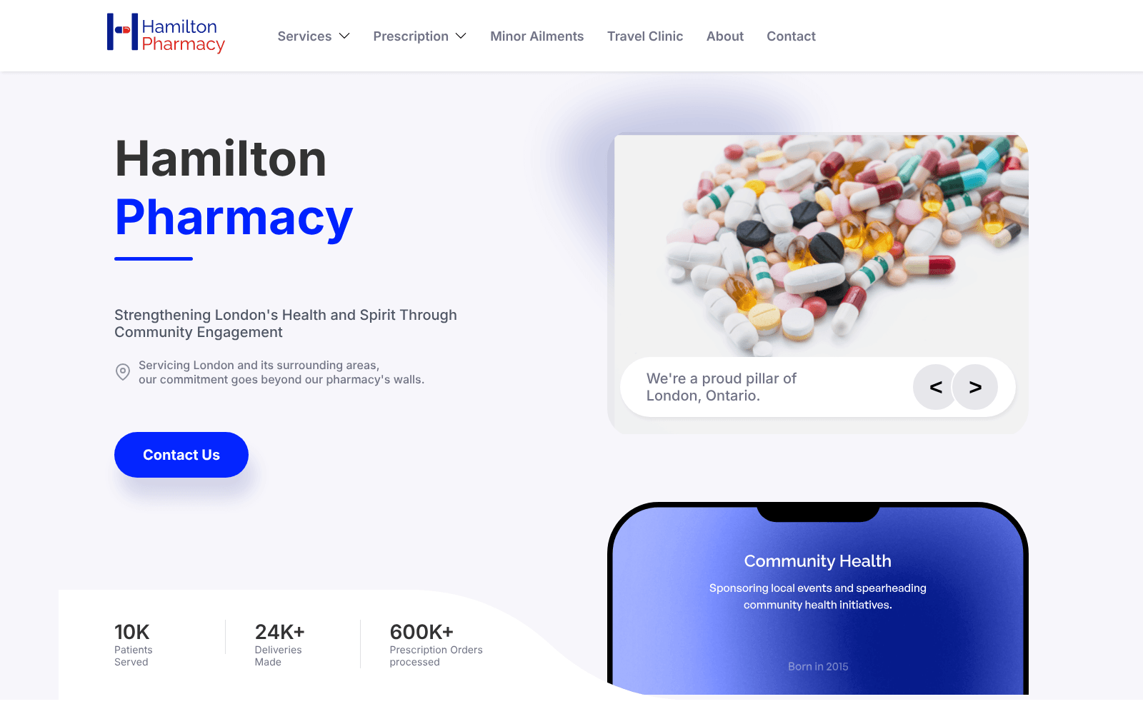 Capture of the Hamilton Pharmacy home page shown with sample data.