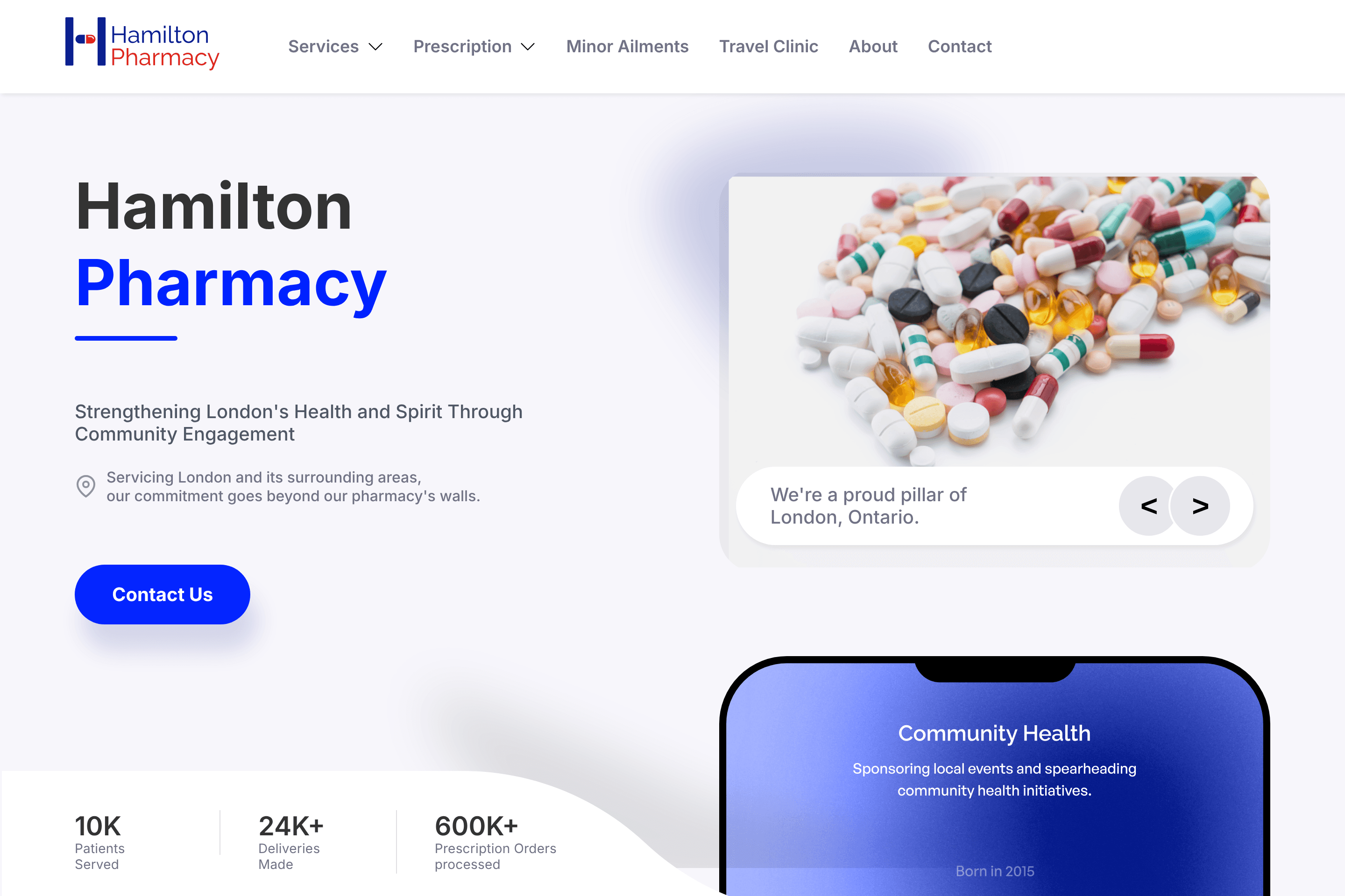 Capture of the Hamilton Pharmacy home page shown with sample data.