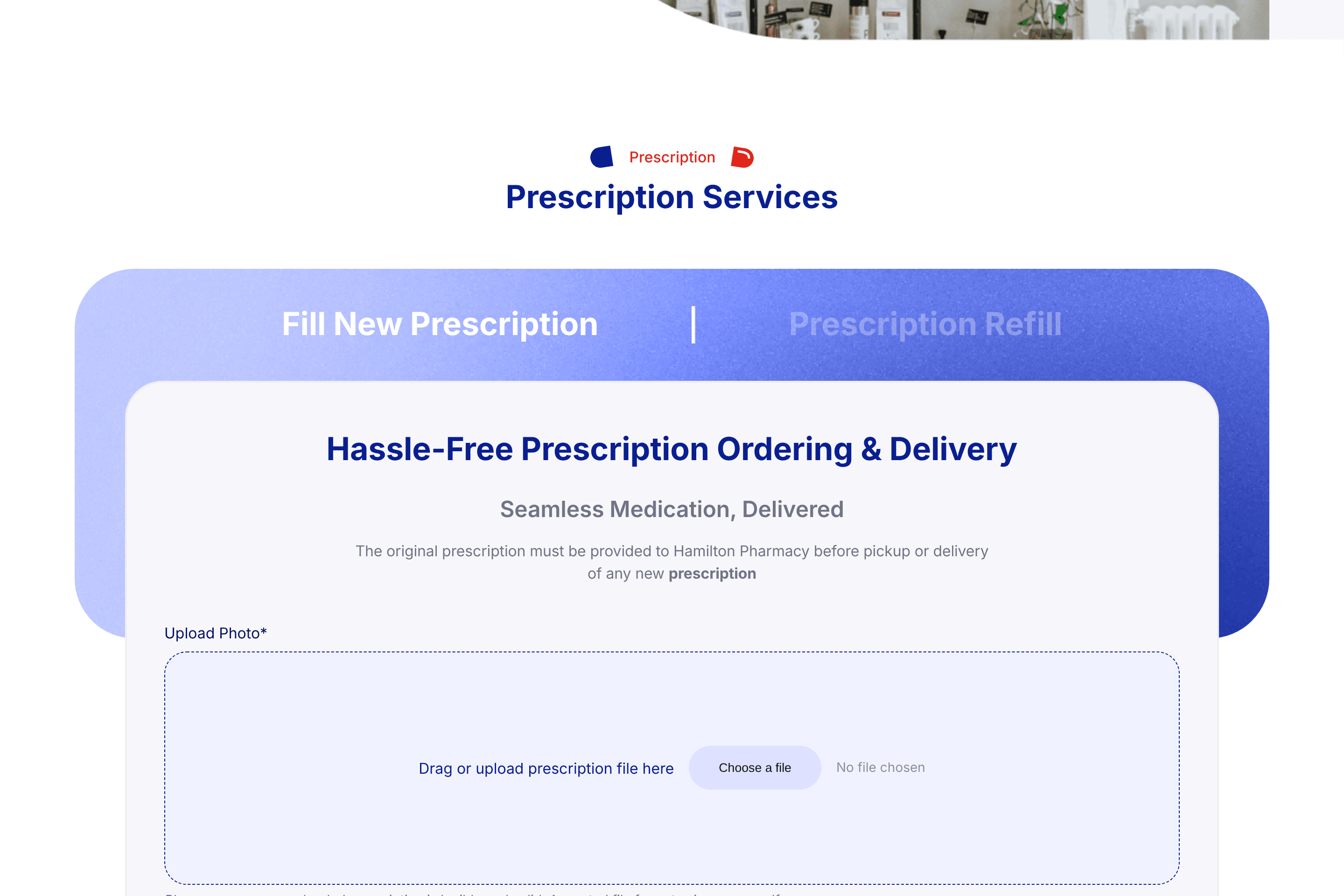 Capture of the Hamilton Pharmacy empty prescription request form shown with sample data.