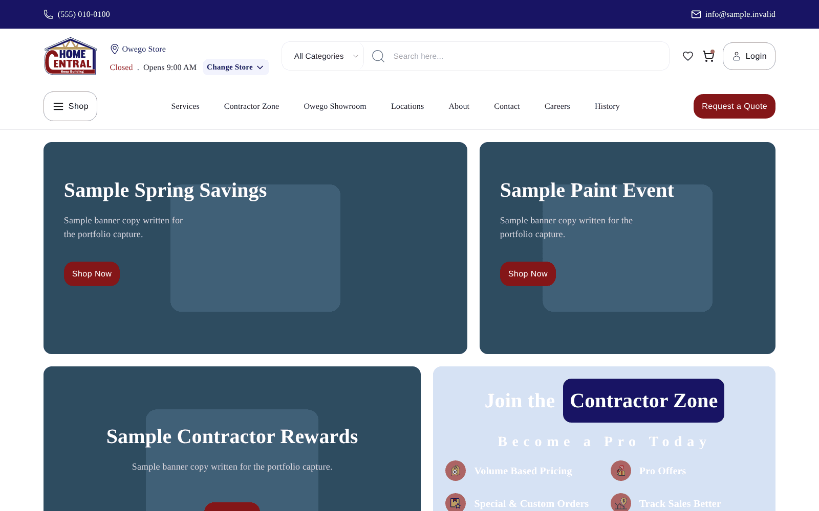 Capture of the Home Central Stores home page shown with sample data.