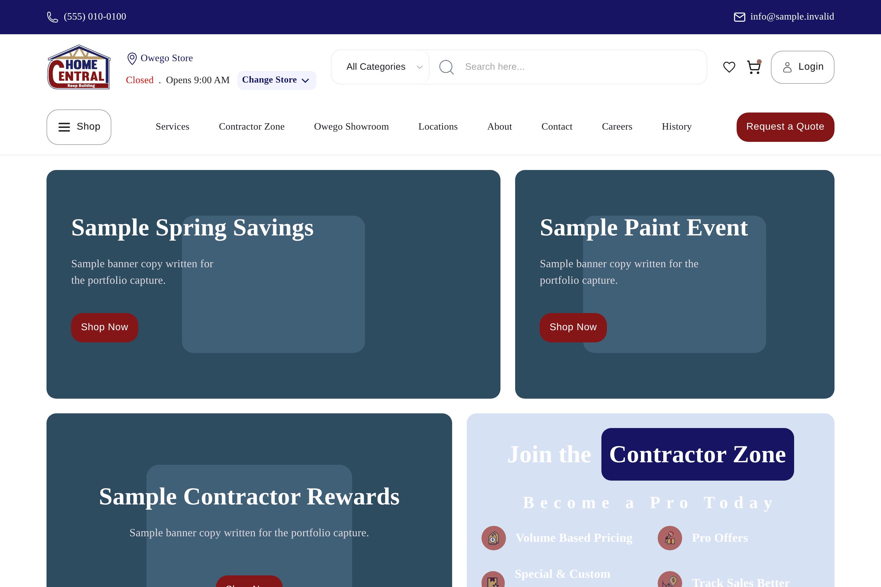 Capture of the Home Central Stores home page shown with sample data.