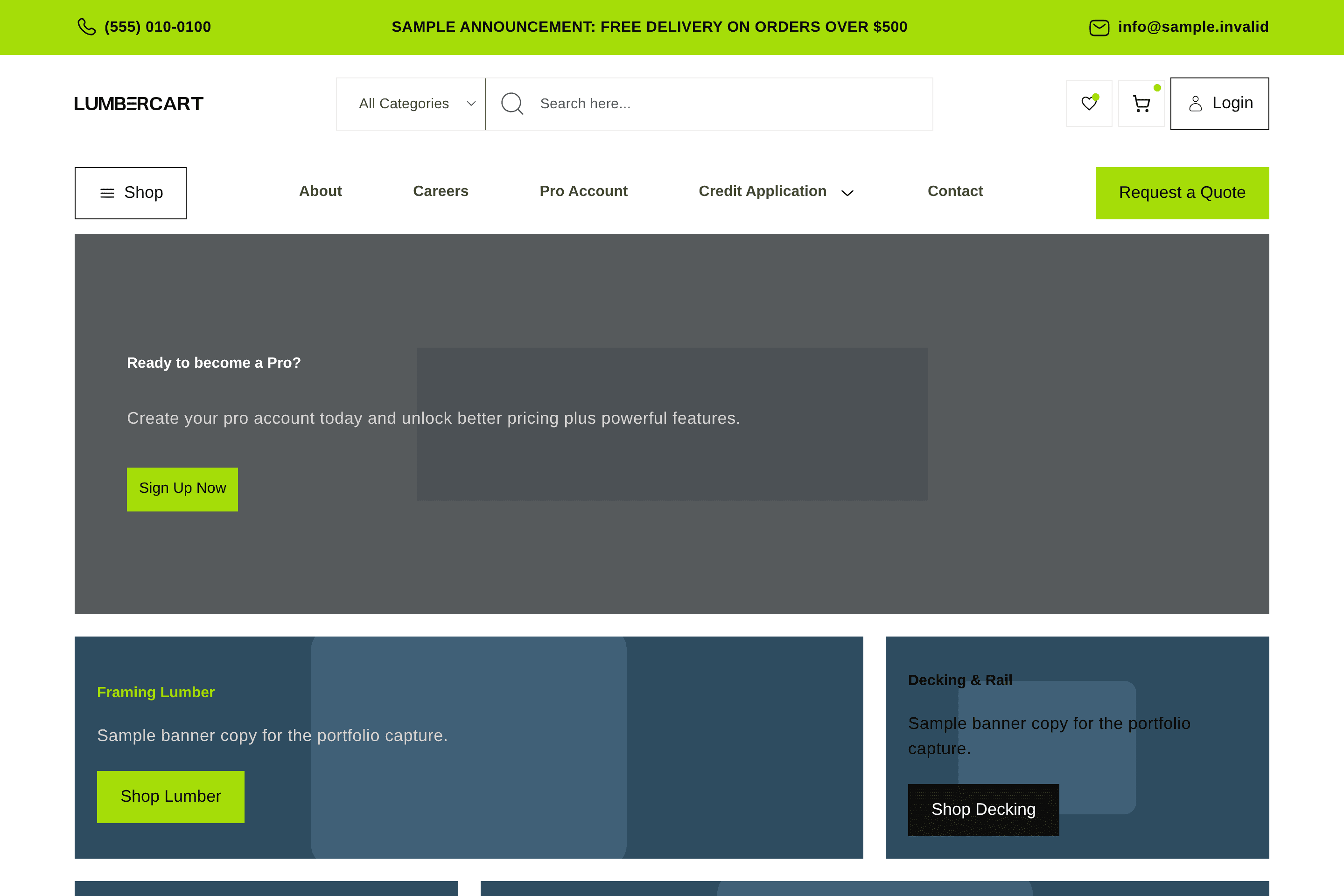 Capture of the Lumber Cart home page shown with sample data.