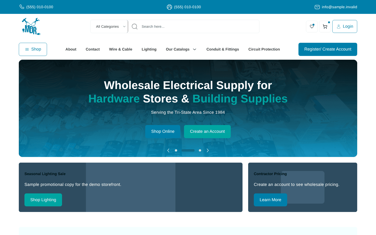 Capture of the MDR Electrical Supply home page shown with sample data.