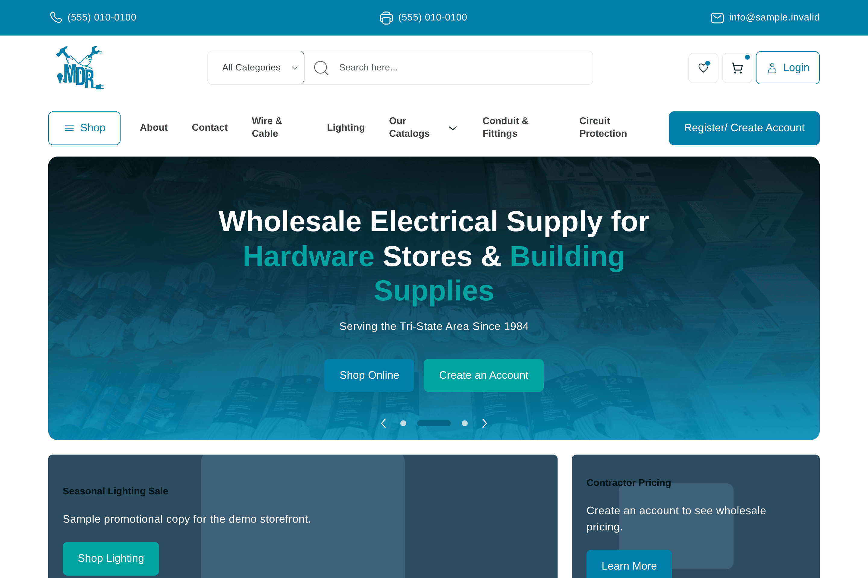 Capture of the MDR Electrical Supply home page shown with sample data.